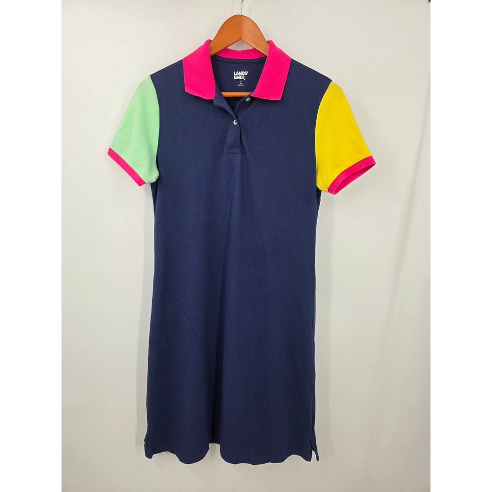 Lands End Womens Colorblock Polo Dress Navy Blue Pink Yellow Green Small 6-8